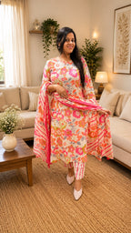 COTTON FLORAL PRINT KURTA SET WITH DUPTA
